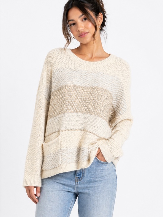 Berenice Sweaters - Women's Cream Striped Crewneck Sweater with Front Pockets